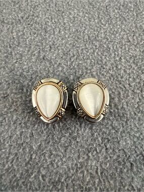 Vintage Clip-On Earrings White Teardrop Cabochon Silver Tone Statement